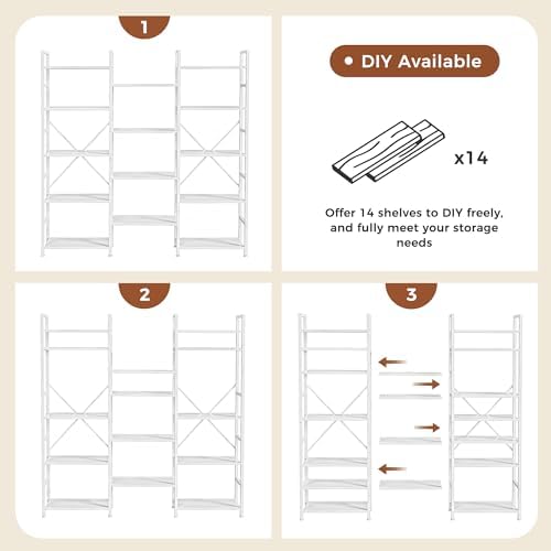 SUPERJARE Triple Bookshelf, Bookcase with 14 Open Display Shelves, Wide Book ...