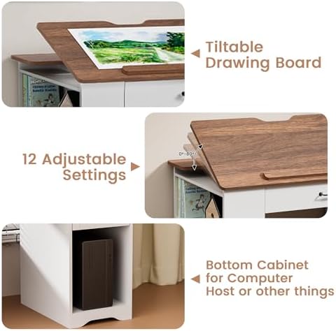 Drafting Table with Storage Cabinet & Drawers, Adjustable Drawing Desk wi...