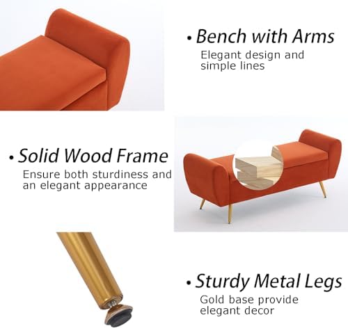 56" Storage Bench for Bedroom King Size Bed, Gold Legs, Velvet Orange