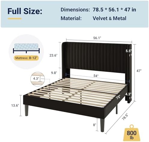 Allewie Full Size Velvet Bed Frame/Vertical Channel Tufted Wingback Headboard...