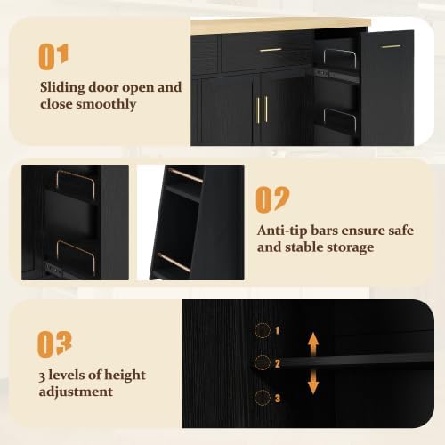 Rolling Kitchen Island with Trash Can Storage Sideboard, Black | Portable &am...