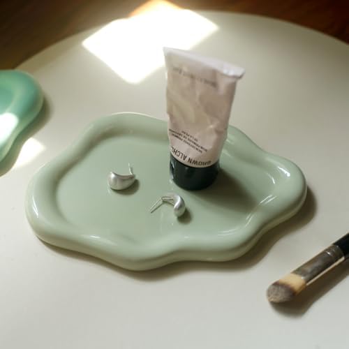 Jewelry Dish Trinket Tray for Women, Ring Dish Holder, Unique Cloud Shape Ceramic Plate Cute Things Vanity Aesthetic Room Decor Mother's Day Birthday (Mint Green)