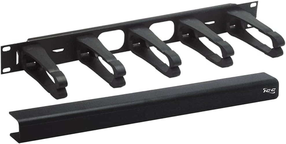 ICC 1U Ring Cable Manager Panel with Cover, Plastic with Metal Back Frame, 4" D-Rings, Horizontal Cable Management, Rackmount for 19” Network Racks, Black, Single Pack