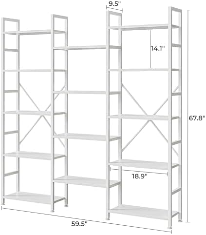 SUPERJARE Triple Bookshelf, Bookcase with 14 Open Display Shelves, Wide Book ...