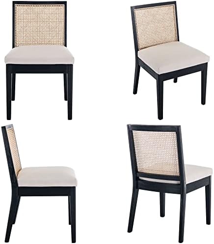 BESTANO Farmhouse Rattan Black Wood Dining Chairs Set of 4 with Cane Back