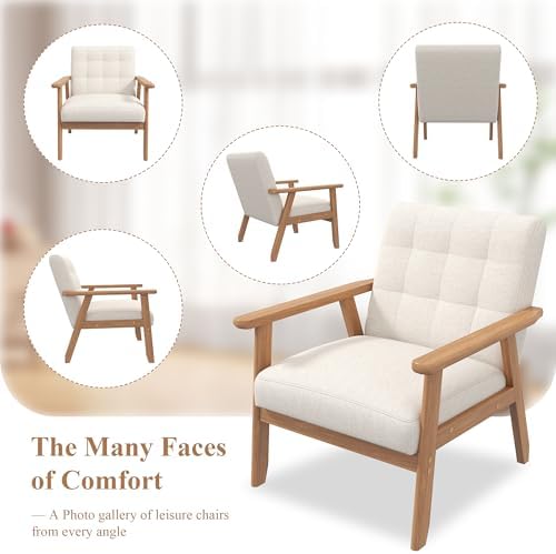 Mid-Century Accent Chairs Set of 2, Solid Wood for Living Room, Beige Linen