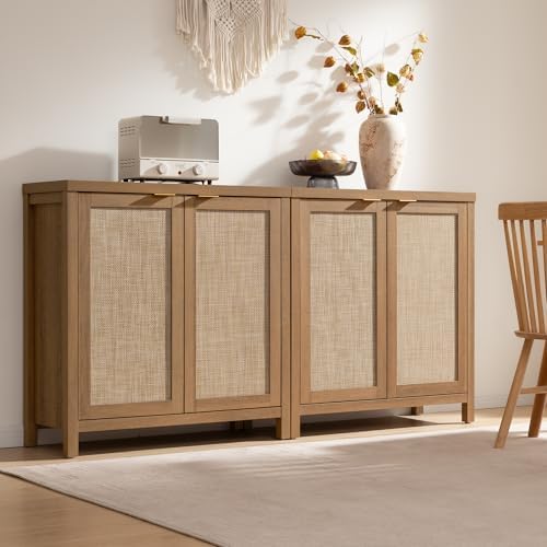 SICOTAS Sideboard Buffet Cabinet with Storage, Rattan Coffee Bar Cabinet