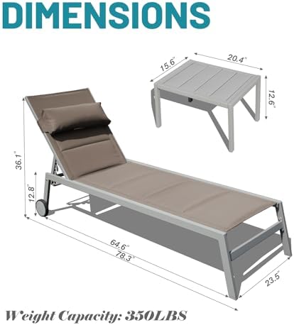 Domi Patio Chaise Lounge Set of 3, Pool Lounge Chairs with Table,Khaki