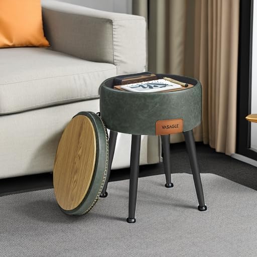VASAGLE Storage Ottoman, Synthetic Leather Round Seat with Steel Legs | Vanit...