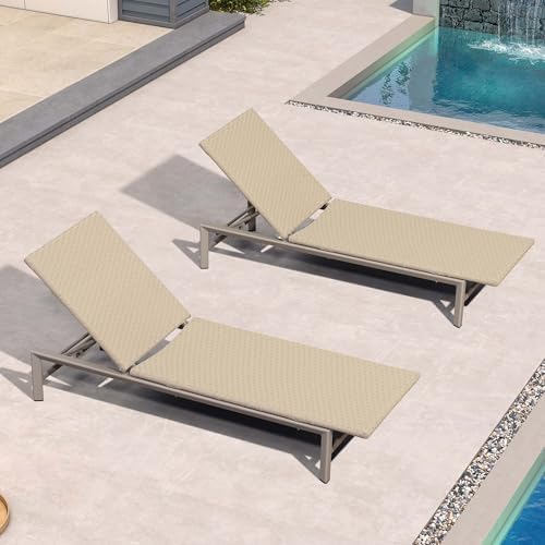 PURPLE LEAF Outdoor Chaise Lounge Chair Wood Grain Aluminum, Beige | 3-Year C...