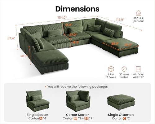 154" Oversize Corduroy Modular Sectional Sofa Couches for Living Room,Green | Washable Couch with Fully Removable Cover, Cloud Couch Sectional, 6 Seater with 2 Ottoman