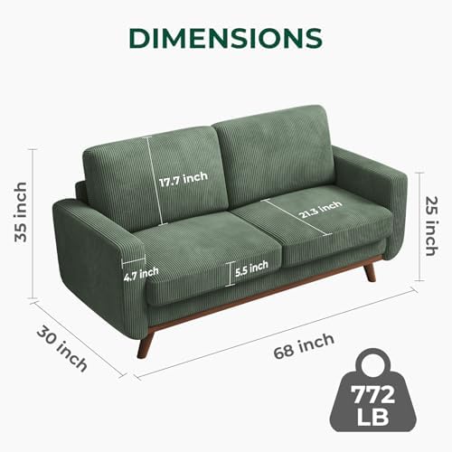Vesgantti 68" Comfy Green Corduroy Loveseat Sofa, 2 Seater Deep Seat Cou...