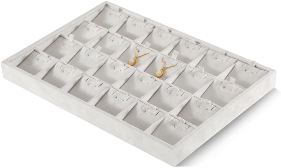Velvet Necklace Display Tray, Stackable 24 Grid Insert Pendant Necklaces Storage Holder Plate, Jewelry Retail Countertop Organizer (White)