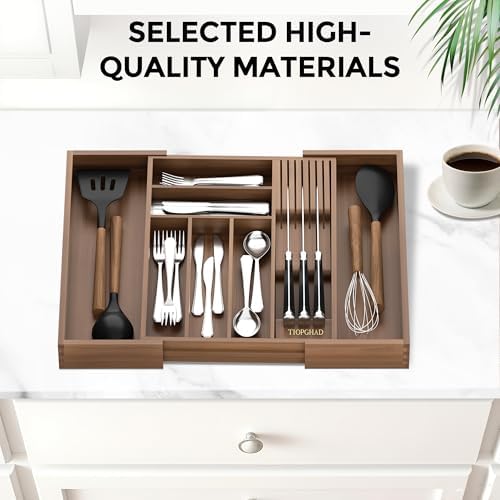 Expandable Bamboo Silverware Organizer with Knife Block, Brown | 12.6-21.45 x 16.3 x 2.13 in, Holds 7 Knives, Removable Knife Block, Adjustable Dividers, Drawer Insert for Utensils, Forks