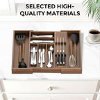 Expandable Bamboo Silverware Organizer with Knife Block, Brown | 12.6-21.45 x 16.3 x 2.13 in, Holds 7 Knives, Removable Knife Block, Adjustable Dividers, Drawer Insert for Utensils, Forks