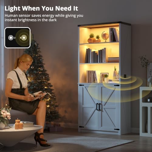 HWB Farmhouse 5-Tier Bookshelf with Doors and 3-Color LED Lights