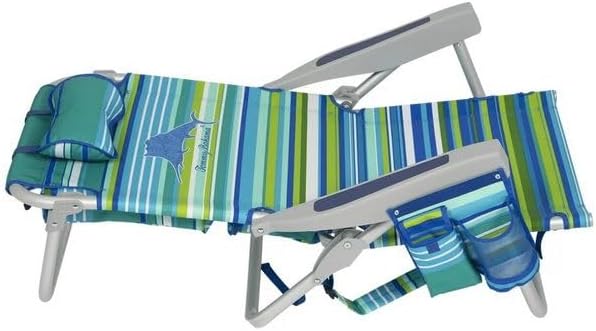 Tommy Bahama 5 Position Beach Chair, Zippered Insulated Cargo Pouch, Cup and Cell Phone Holders, Towel Bar, Pillow for Extra Comfort, Heavy-Duty Weight Capacity, 2-Pack (Aqua Stripes)