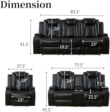 Power Recliner Sofa Set, Breathing Leather Reclining Couch Set, 3 Piece Livin...