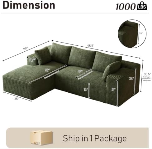 ONEMMLION 96" L-Shaped Cloud Couch Sofa with Chaise, Green | Corduroy Co...