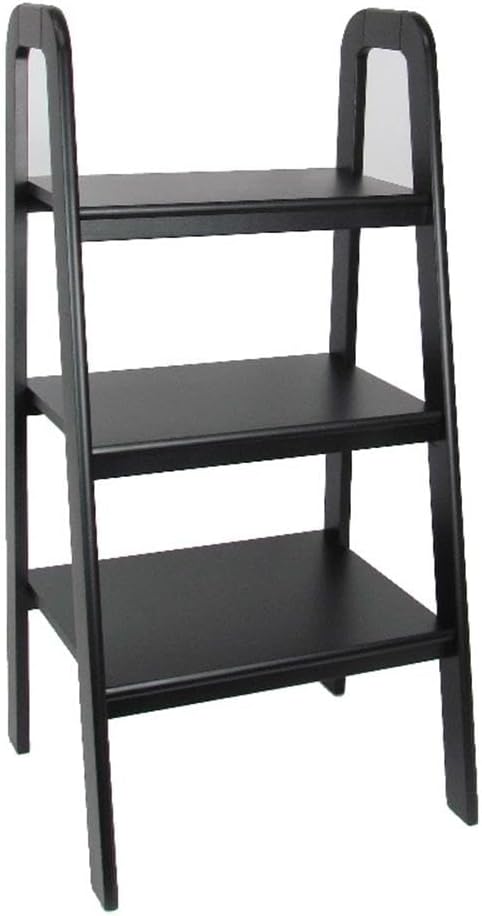 MAKLAINE 3 Tier Wooden Storage Ladder, Black Finish, Open Sides and Back, Solid Birch Wood, Modern and Sleek Design, Durable Display Shelves for Living Room or Bedroom Decor