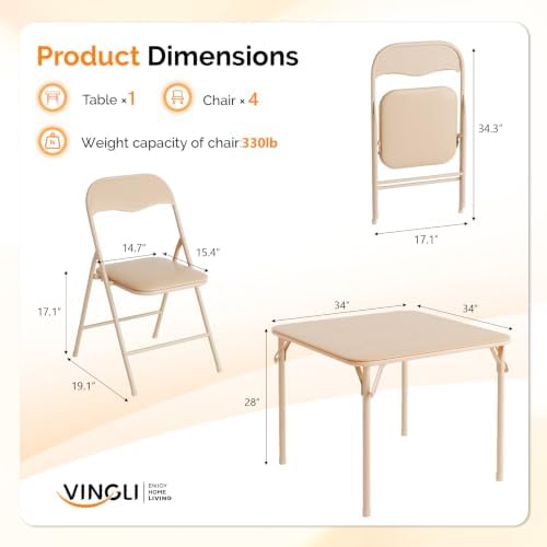 VINGLI 5-Piece Padded Folding Card Table and Chairs Set, Khaki