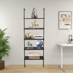 5-Tier Wall-Mounted Ladder Bookshelf Black Metal Frame | MDF Shelves, Industrial Style, 60x30x180 cm, Open Design, Living Room & Office