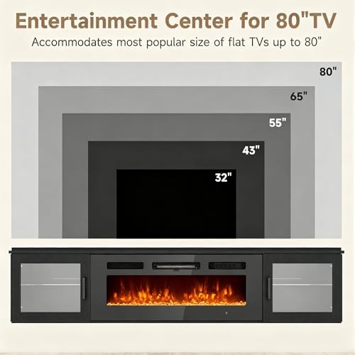 80" Floating TV Stand with 36" Electric Fireplace, Brown & Blac...