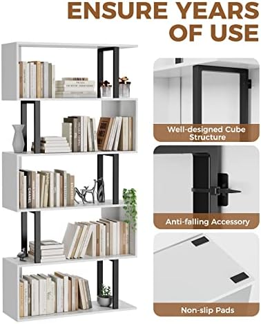 Gadroad 5-Tier Tall Bookshelf, S-Shaped Book Shelf Unit, White