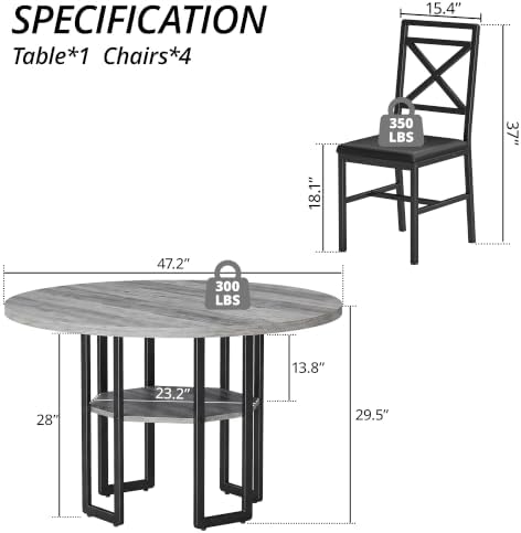 IRONCK Dining Table Set for 4, 47.2 inch Round Kitchen Table and 4 Chairs