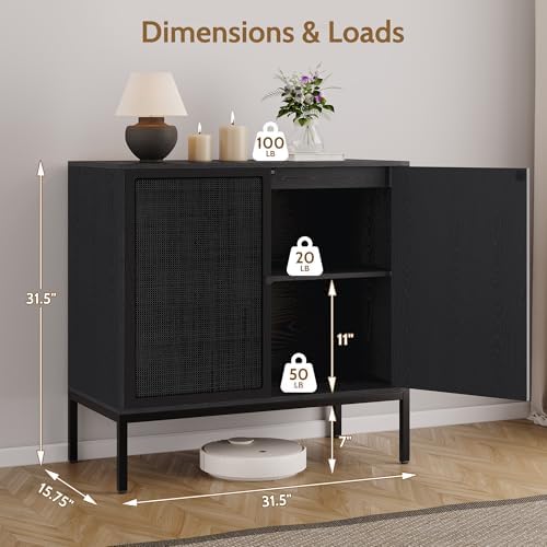 Yechen 63“ W Black Rattan Cabinet, Farmhouse Sideboard Cabinet with Natural R...
