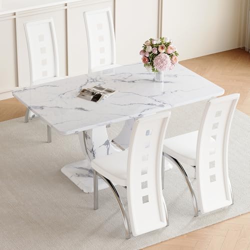 White Dining Chairs Set of 4, Upholstered Kitchen Chairs Set of 4 | Faux Leat...