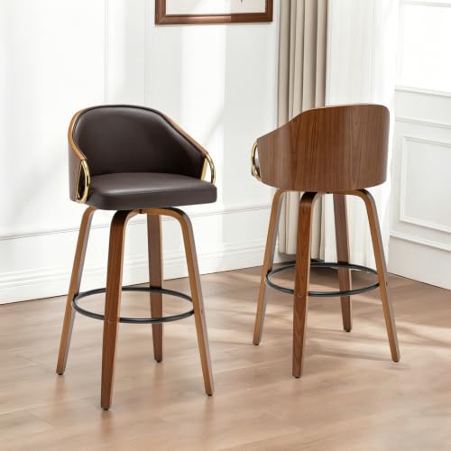24.8" Swivel Counter Height Bar Stools Set of 2,Brown Leather Barstools ...