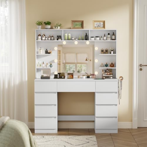 Vanity Desk with Mirror and Lights,43" Makeup Vanity Table with 9 Drawer...