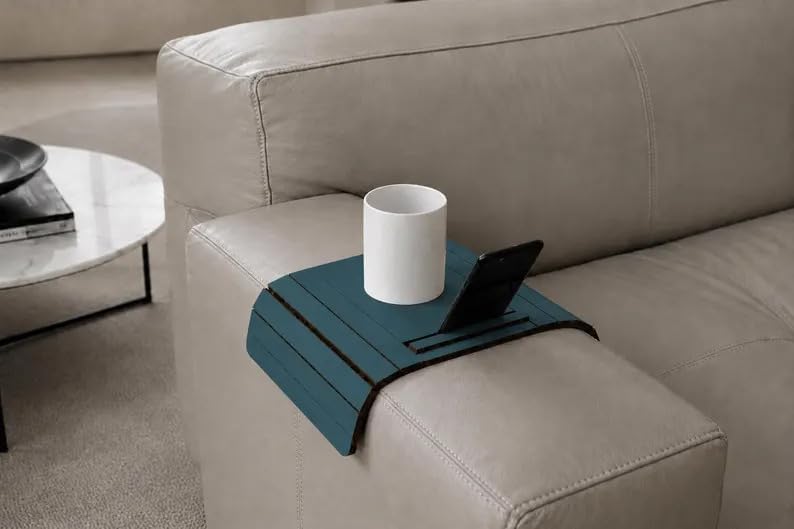 Turquoise Sofa Armrest Tray Table, Foldable Wood Snack Holder with Phone Slot...