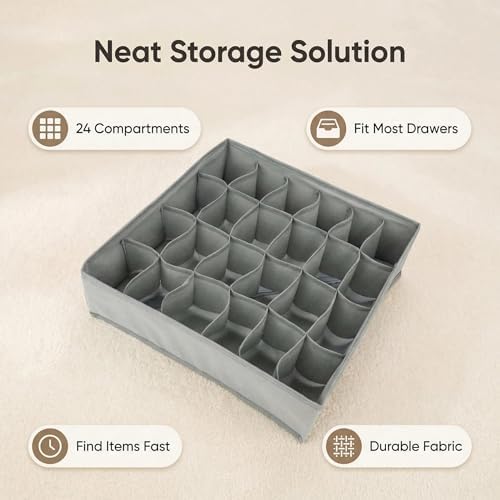 2 Pack Foldable Sock Drawer Organizer Divider, 24-Cell Underwear Organizers Closet Storage Box with Zipper, Strong Fabric for Socks, Shorts, Handkerchiefs, Ties, Belts (Grey)