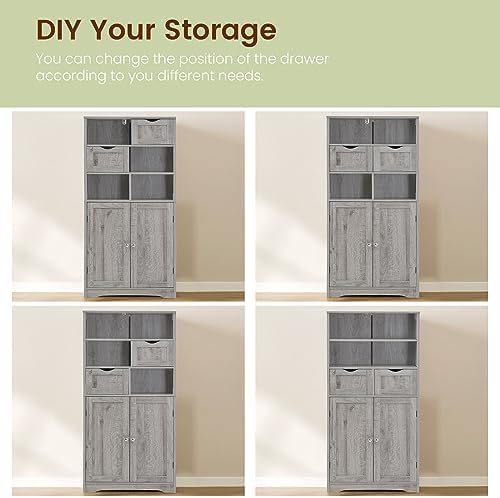 Iwell Storage Cabinet with 2 Drawers & Adjustable Shelf, Tall Bathroom Ca...