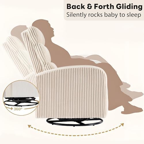 Swivel Rocker Chair, 360°Swivel Rocker Chairs with High Back Arms, Rocking Lazy Boy Chairs, Upholstered Swivels Corduroy Glider for Living Room, Bedroom, Nursing, Beige