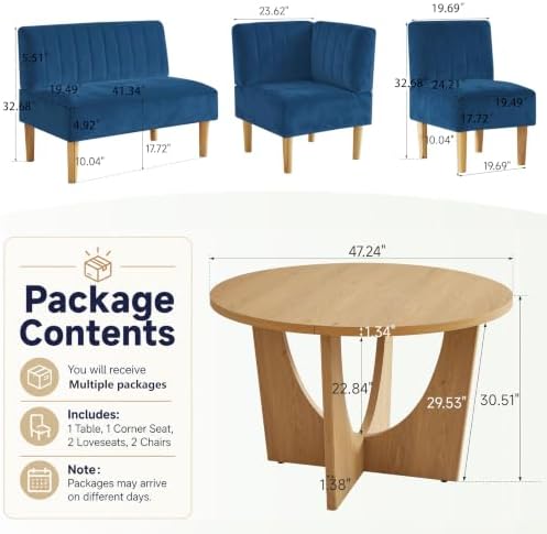 Round Dining Table Set with Loveseat & Chairs, 47 Inch Farmhouse 5-Piece ...