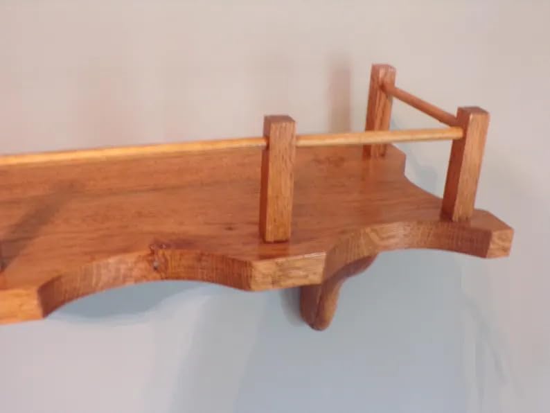 Rustic Wooden Wall Shelf with Rail, Natural Oak Floating Shelf, Decorative Storage Shelf for Living Room Bedroom Bathroom, Handcrafted Solid Wood Wall Mounted Shelf