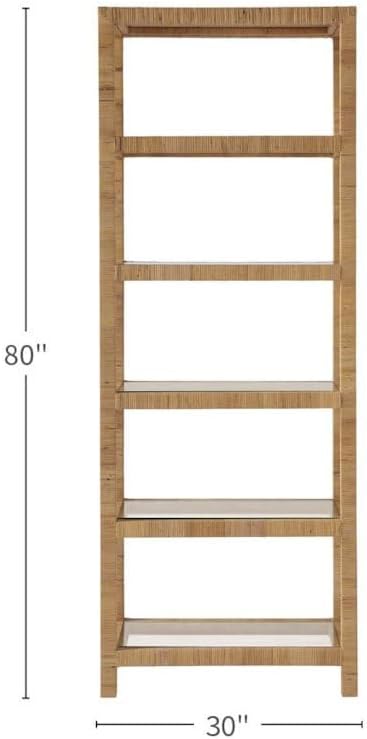 Starlight Canyon Home Rattan Bookshelf with Storage, Coastal 5 Shelf Bookcase with Glass Shelves and Open Back, Ideal for Modern and Rustic Interiors