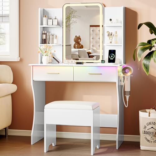 Vanity Desk with LED Lights Mirror & Power Outlet, Small Makeup Vanity Ta...