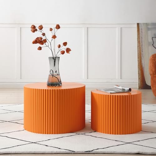 WILLIAMSPACE Nesting Coffee Table Set of 2, Matte Orange Round Wooden Coffee Tables, Modern Luxury Side Tables Accent End Table for Living Room Apartment, 23.62"*23.62"*15.75"H (Orange,Round)