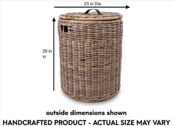 The Basket Lady Round Kubu Wicker Laundry Hamper, Extra Large, 23 in Dia x 28 in H, Serene Grey…