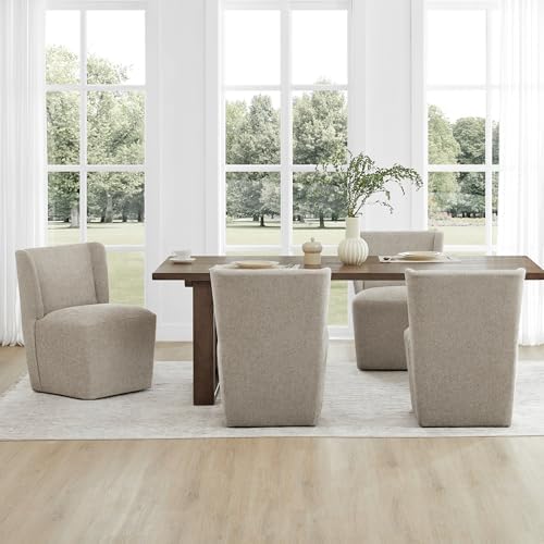 KISLOT Upholstered Dining Chairs Set of 4 with Casters, Sand | Wingback Moder...
