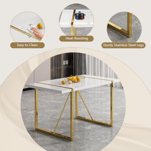 55‘’ Modern Dining Table Set for 4, White Dining Tabletop and Golden Metal Fr...