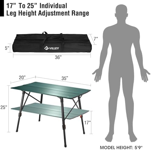 VILLEY Portable Camping Table with Adjustable Legs, Aluminum Folding Table