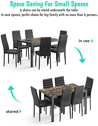 Gizoon Marble 7 Piece Glass Dining Table Set, Kitchen Table and Chairs Set