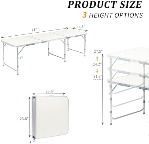 6.0 Ft Folding Portable Camping Table, White