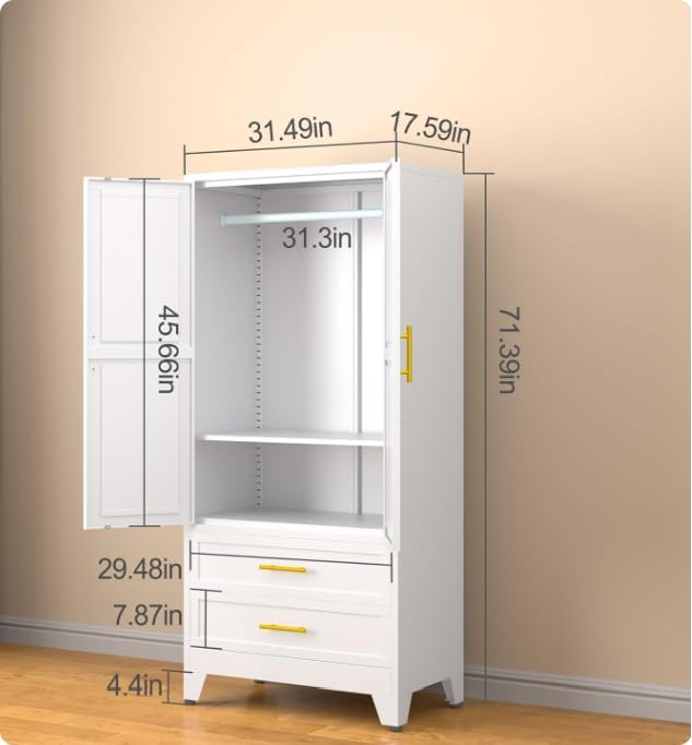 Metal Clothing Storage Cabinet with Adjustable Shelves and Hanging rods. A Household Steel Wardrobe Storage Cabinet with Drawers (Wardrobe - White).