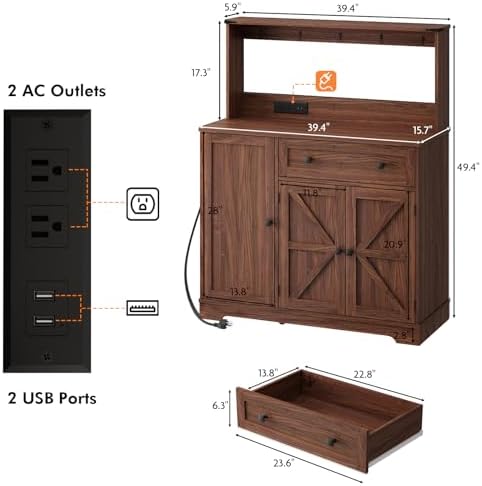 Wnutrees Farmhouse Coffee Bar Cabinet with Drawer, Kitchen Hutch Sideboard